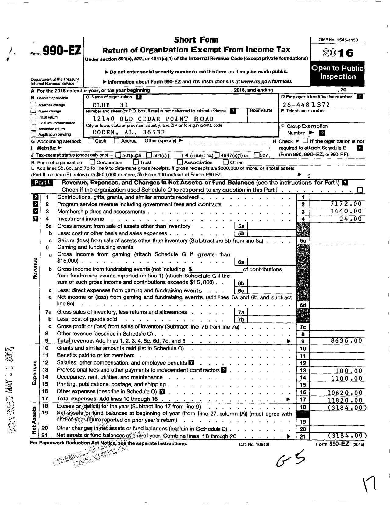 Image of first page of 2016 Form 990EO for Club 31