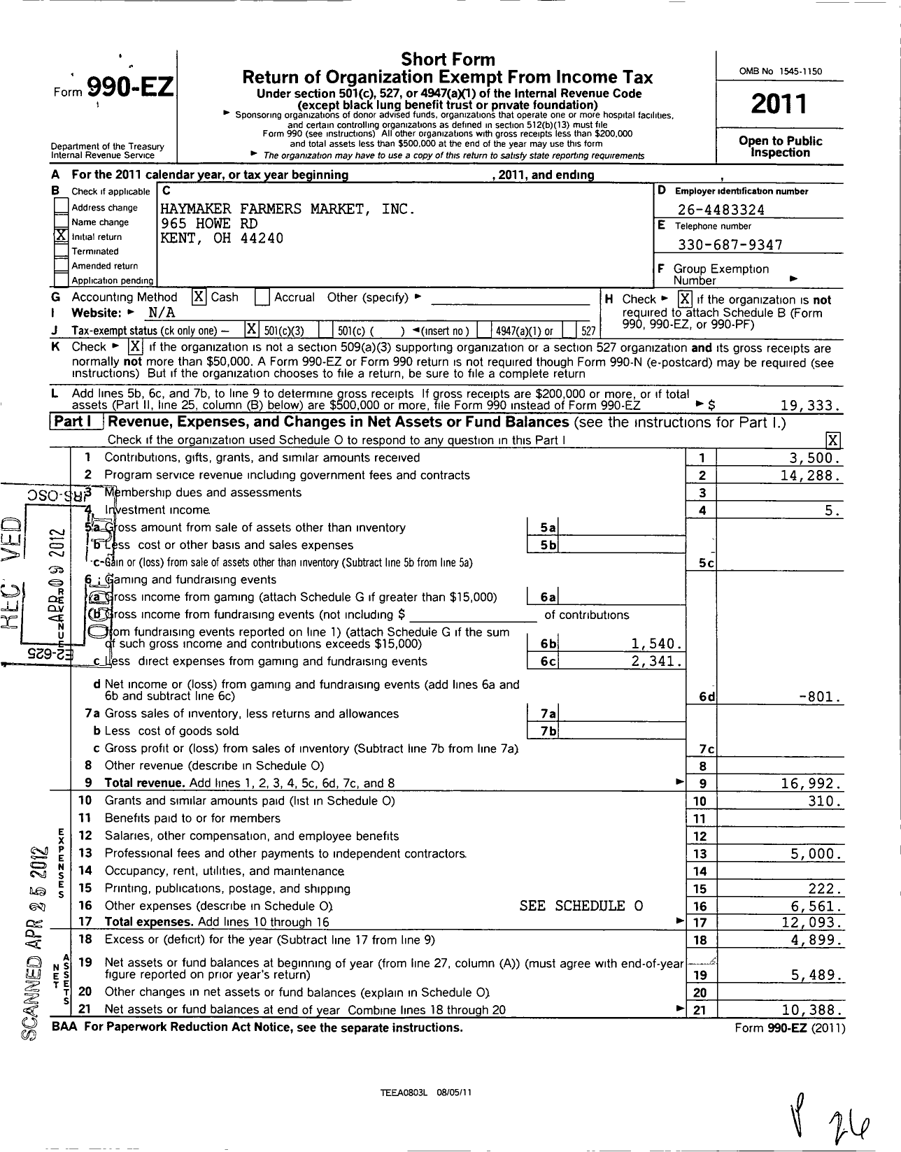 Image of first page of 2011 Form 990EZ for Haymaker Farmers Market