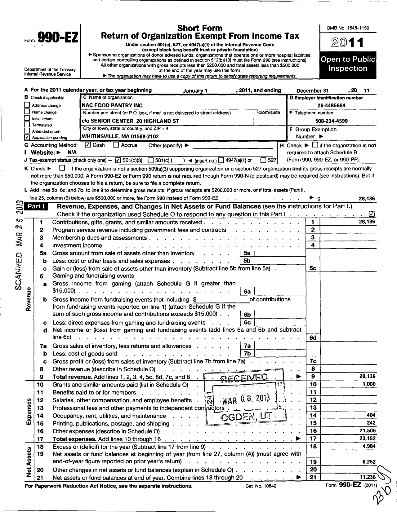 Image of first page of 2011 Form 990EZ for Nac Food Pantry