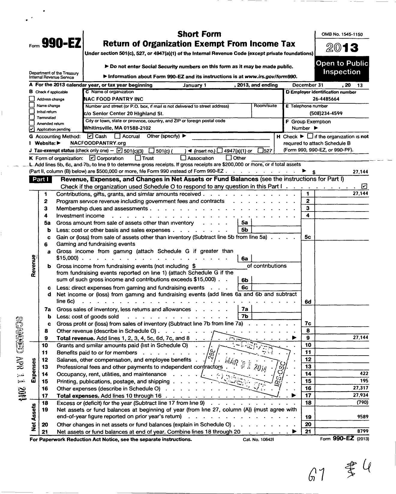 Image of first page of 2013 Form 990EZ for Nac Food Pantry