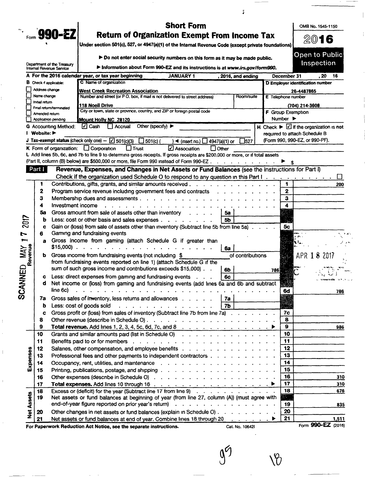 Image of first page of 2016 Form 990EZ for West Creek Recreation Association