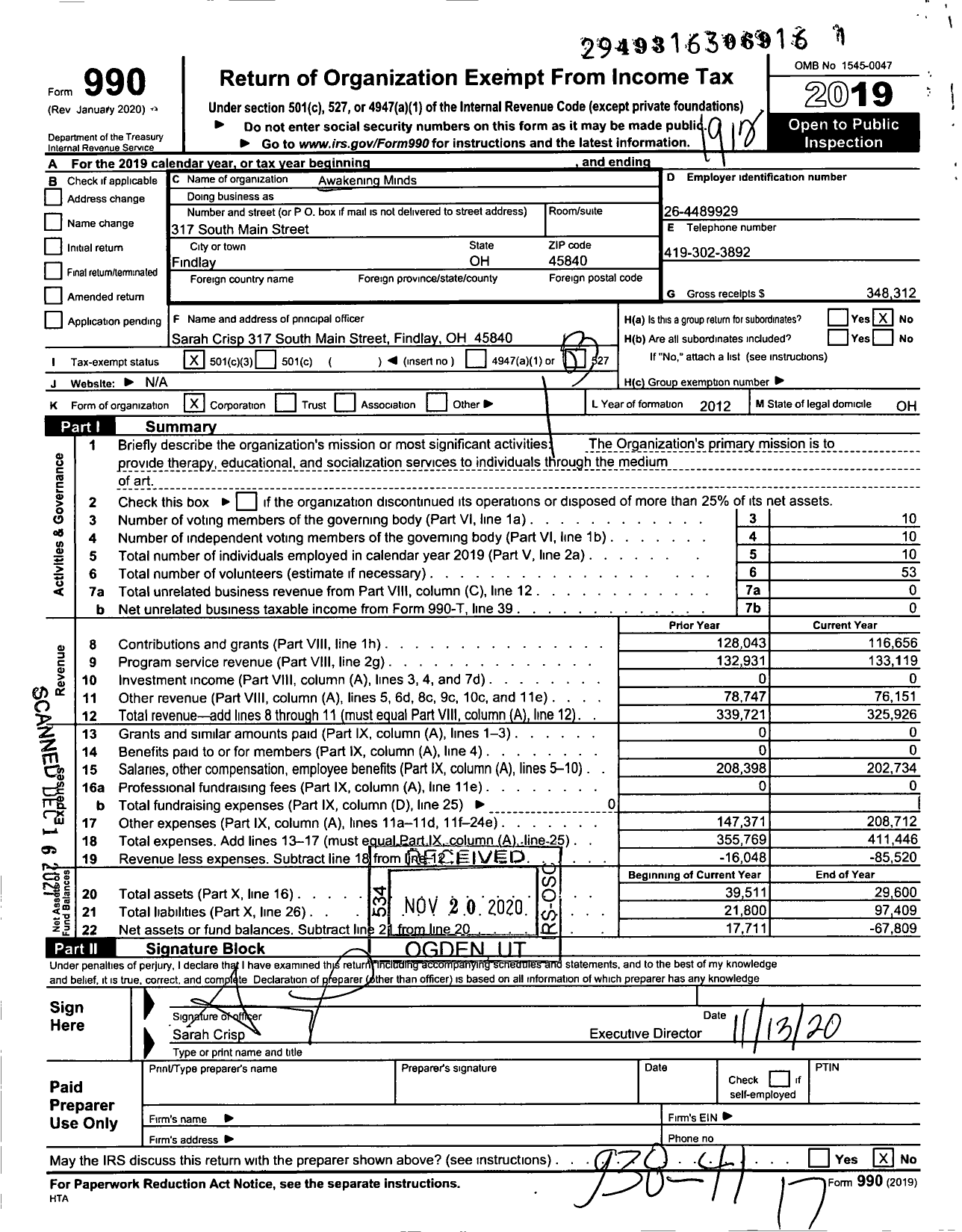 Image of first page of 2019 Form 990 for Awakening Minds