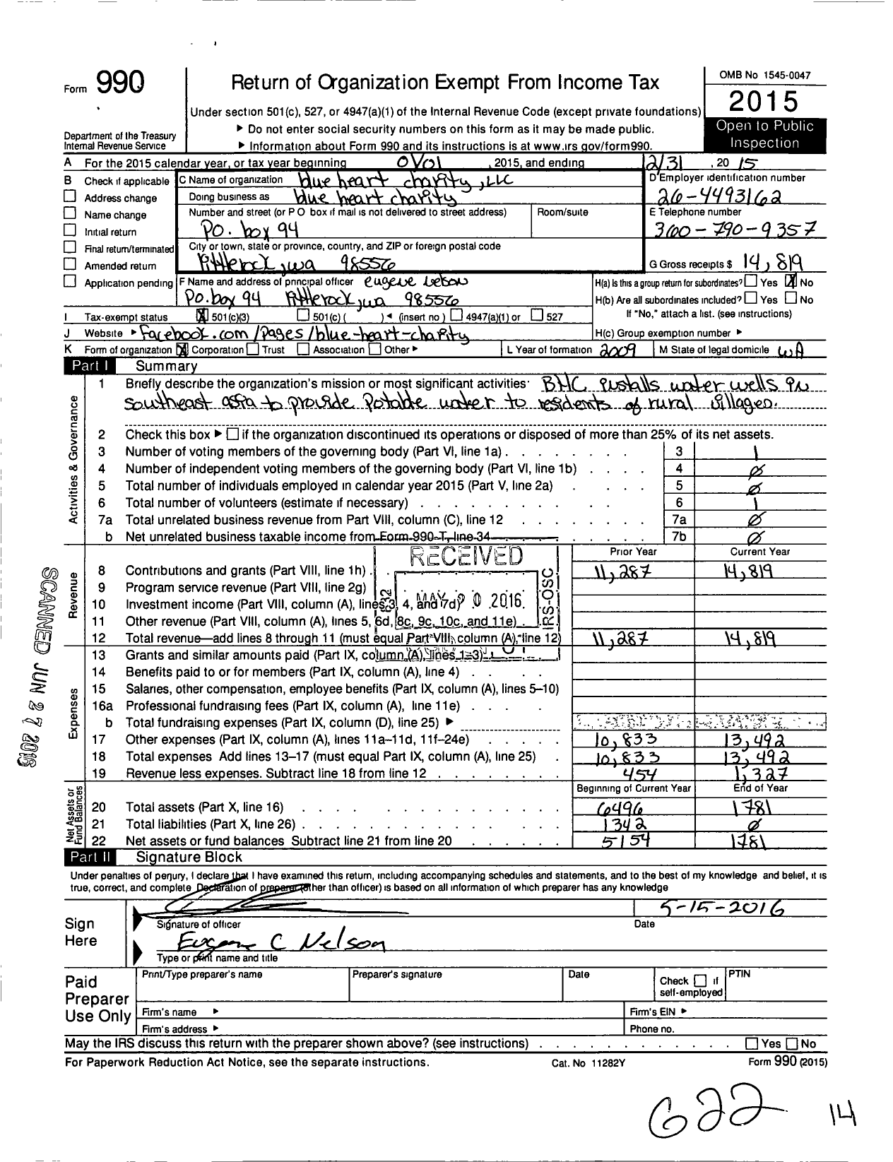 Image of first page of 2015 Form 990 for Blue Heart Charity