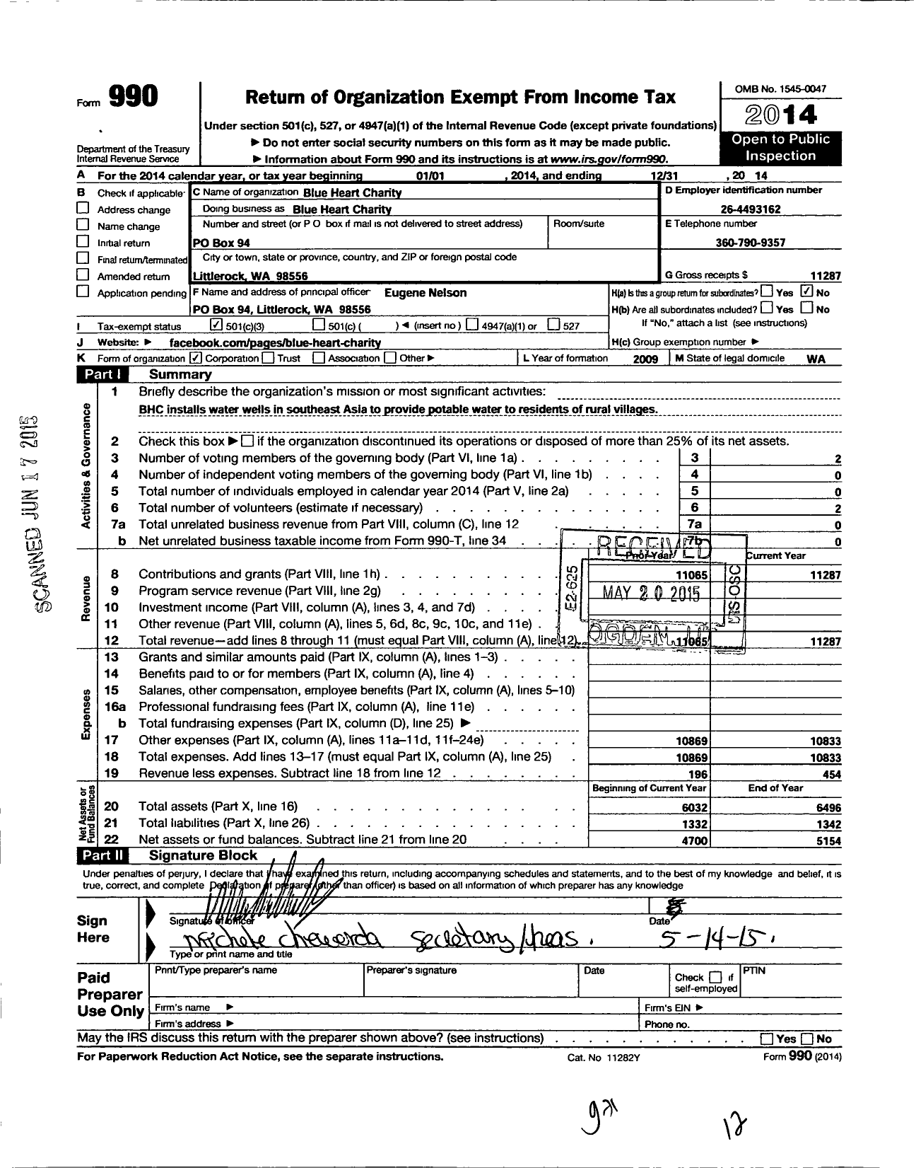 Image of first page of 2014 Form 990 for Blue Heart Charity