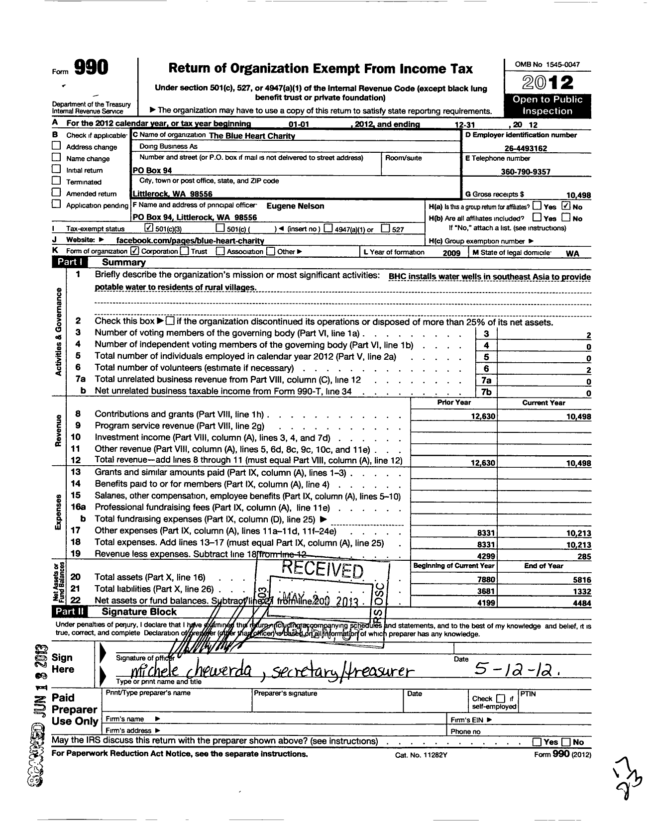 Image of first page of 2012 Form 990 for Blue Heart Charity