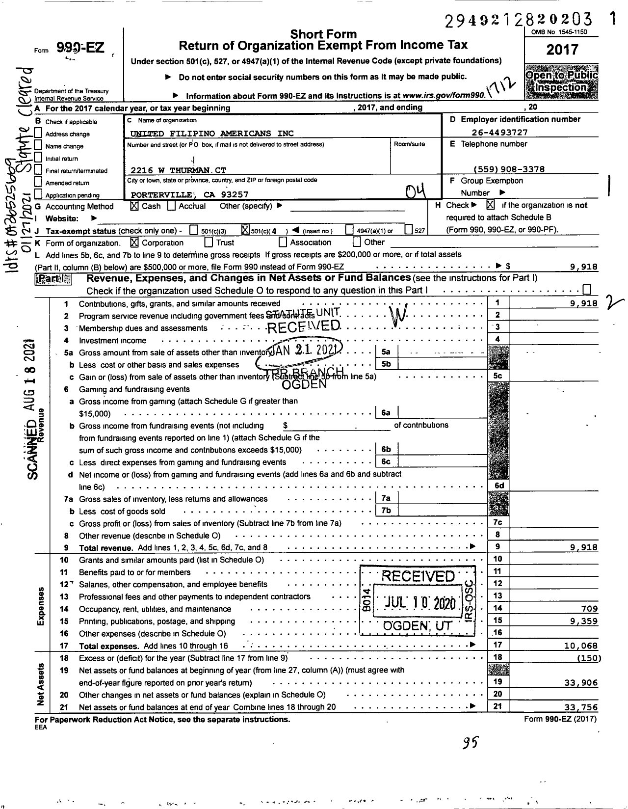 Image of first page of 2017 Form 990EO for United Filipino Americans