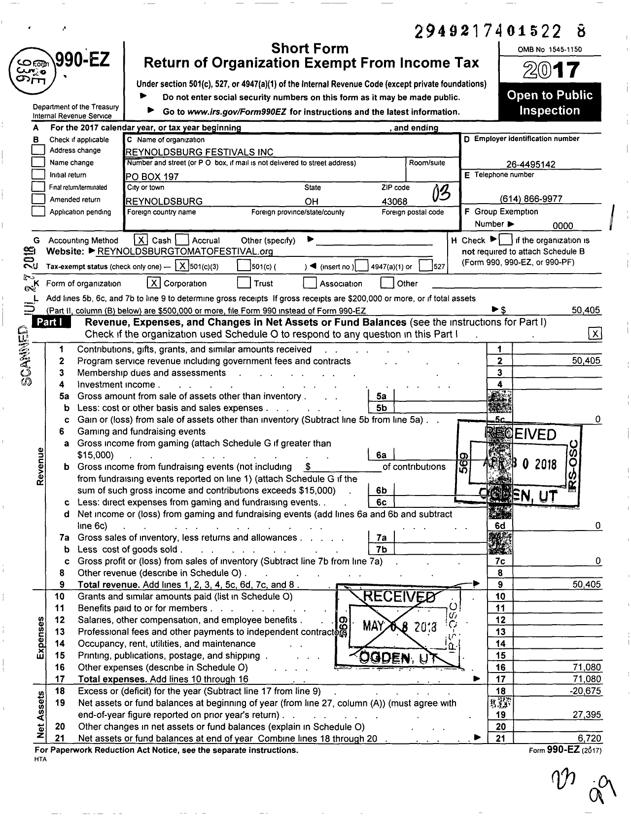 Image of first page of 2017 Form 990EZ for Reynoldsburg Festivals