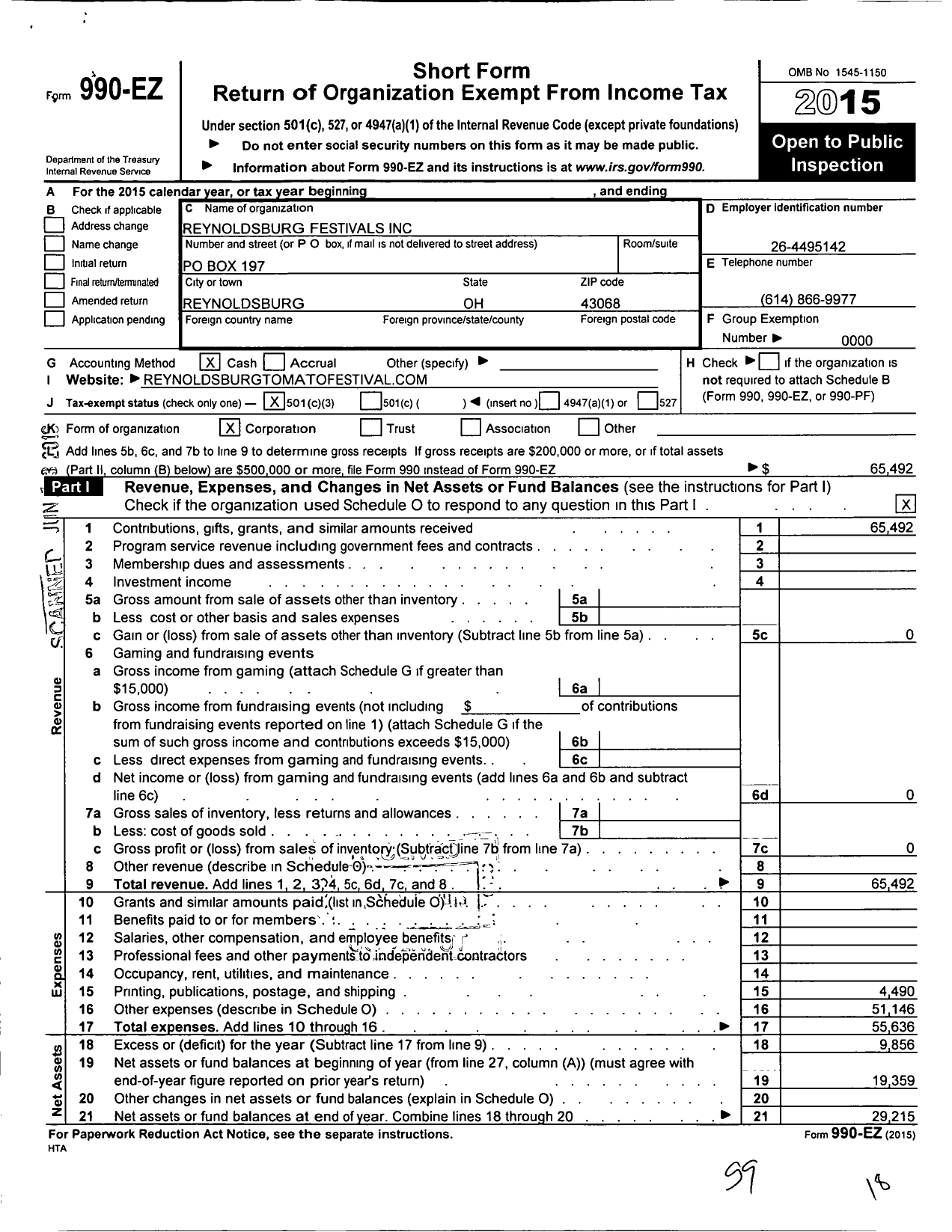 Image of first page of 2015 Form 990EZ for Reynoldsburg Festivals