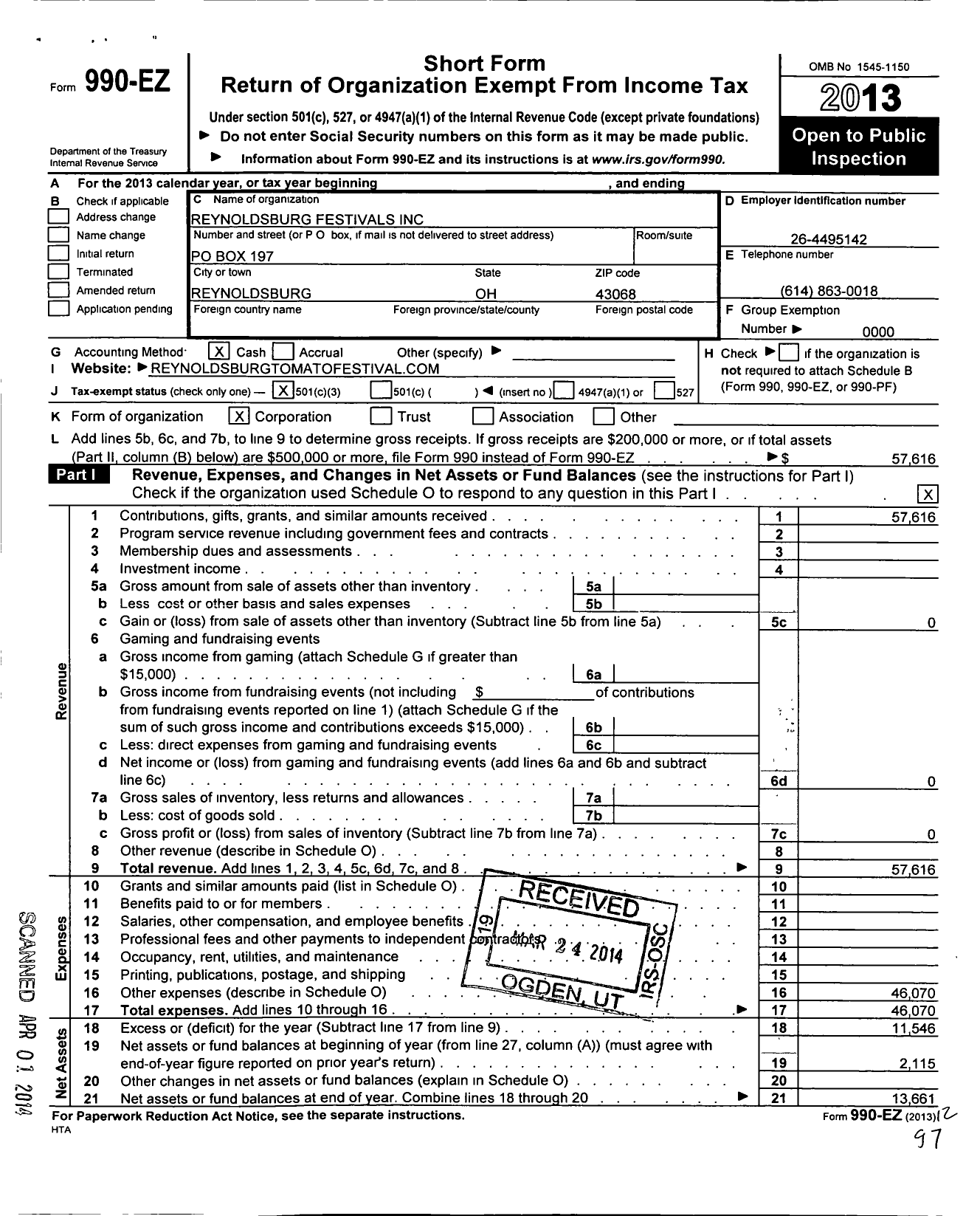 Image of first page of 2013 Form 990EZ for Reynoldsburg Festivals