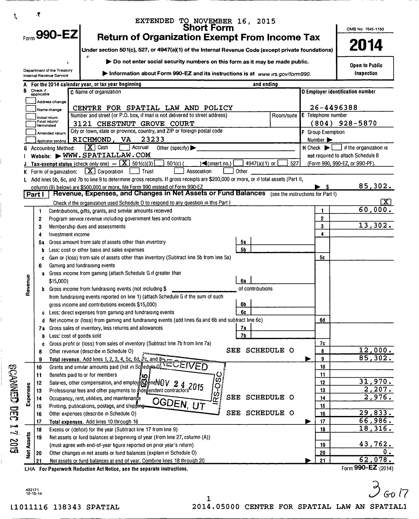 Image of first page of 2014 Form 990EZ for Centre for Spatial Law and Policy