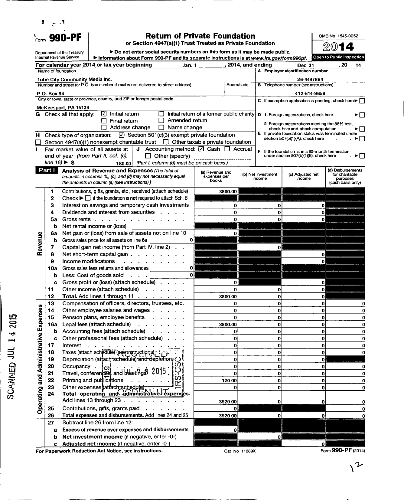 Image of first page of 2014 Form 990PF for Tube City Community Media