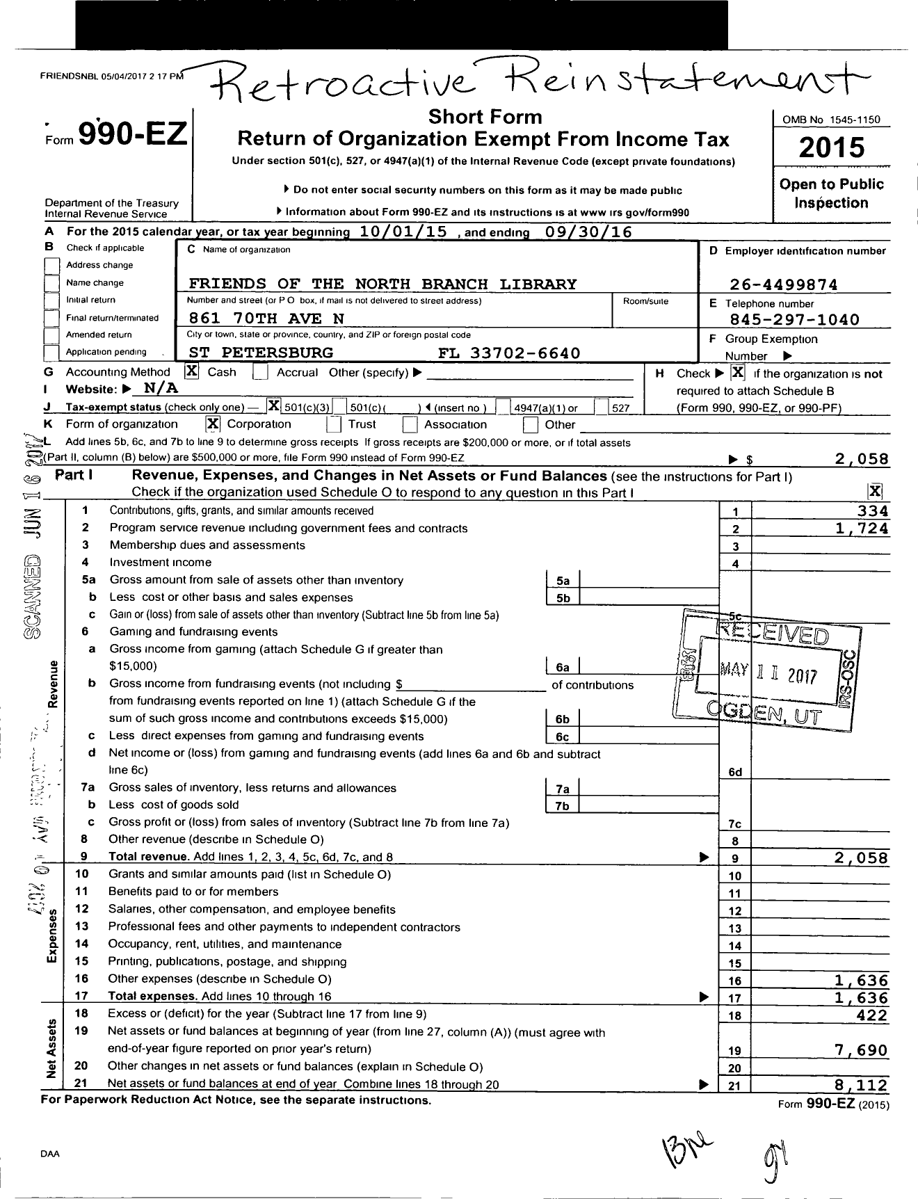 Image of first page of 2015 Form 990EZ for Friends of the North Branch Library