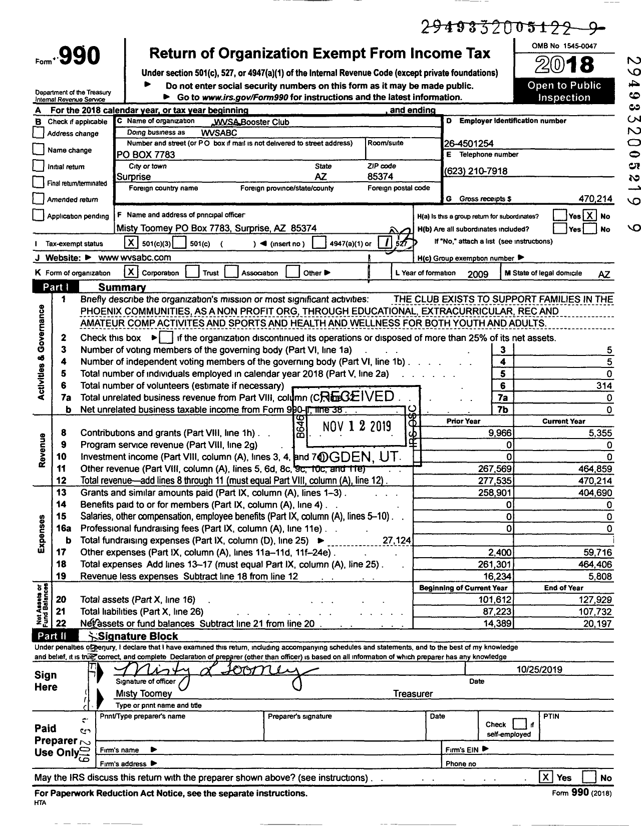 Image of first page of 2018 Form 990 for WVSA Booster Club WVSABC