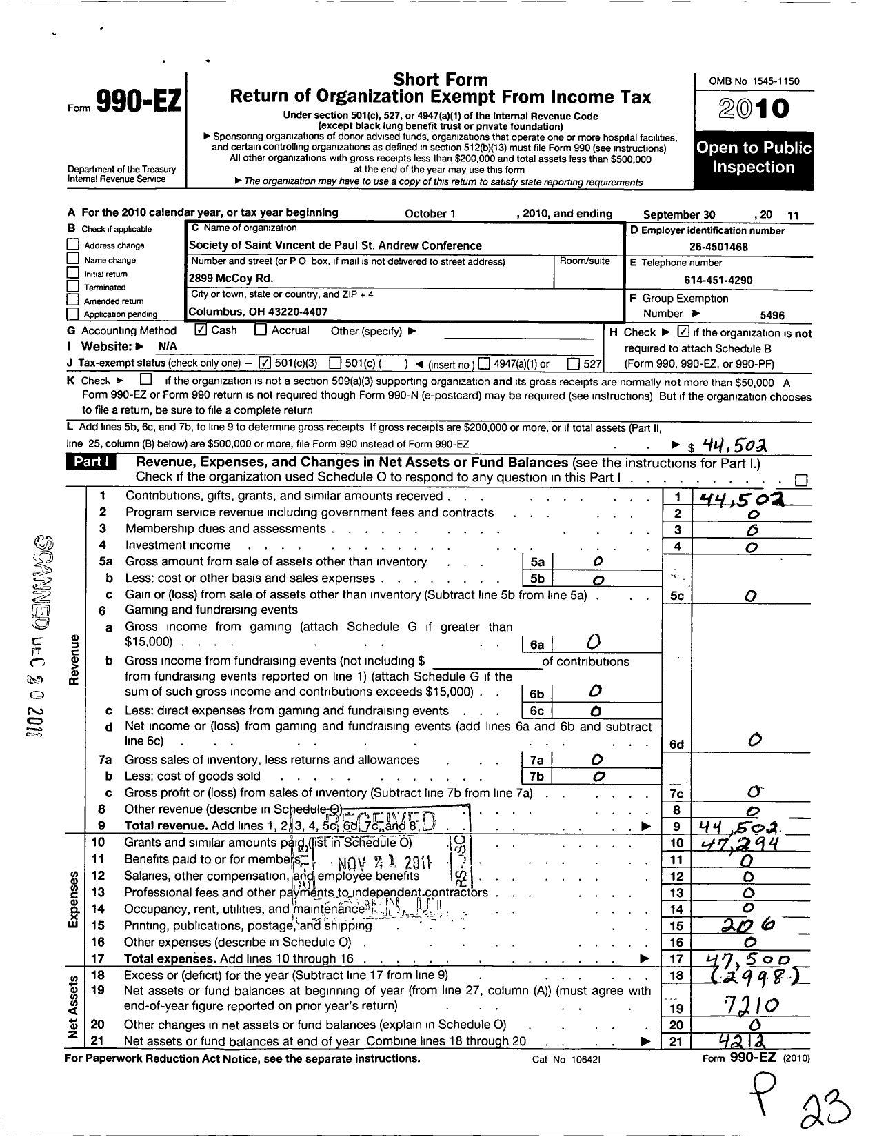 Image of first page of 2010 Form 990EZ for St Andrew Society of St Vincent de Paul