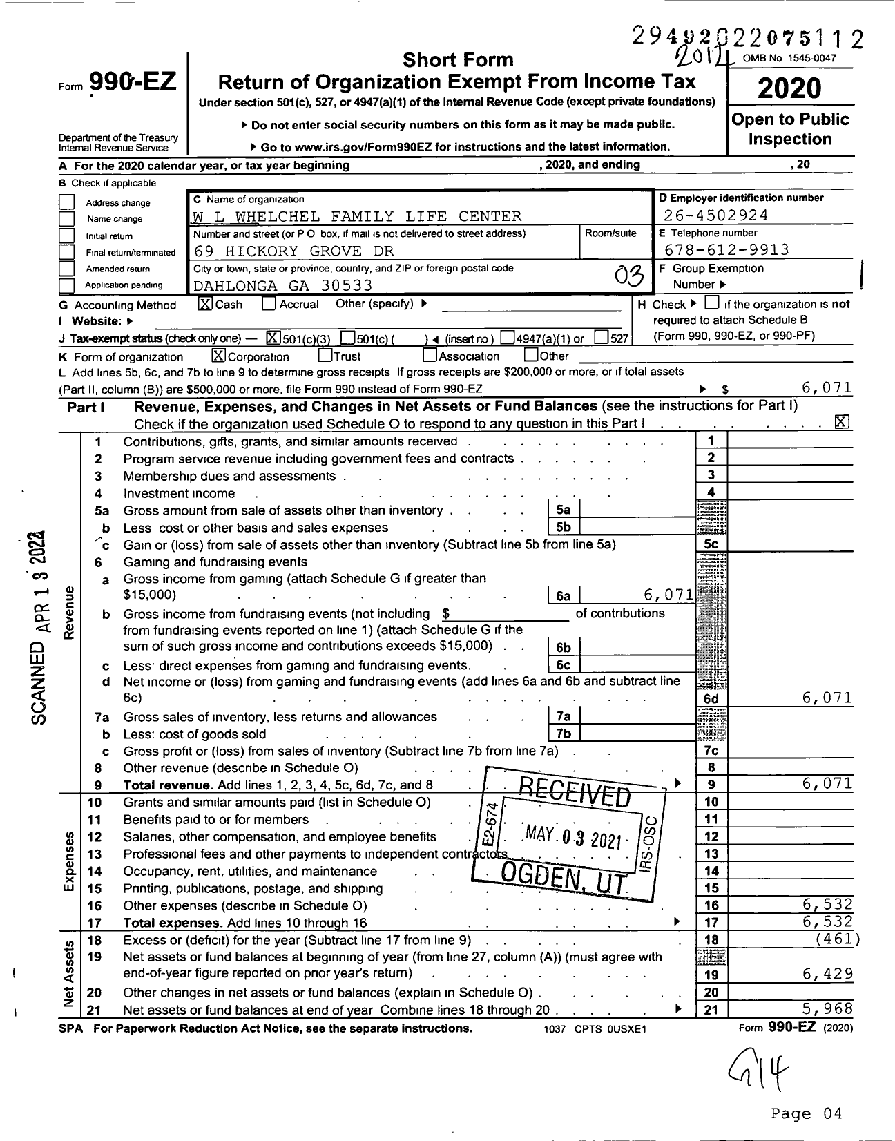 Image of first page of 2020 Form 990EZ for W L Whelchel Family Life Center