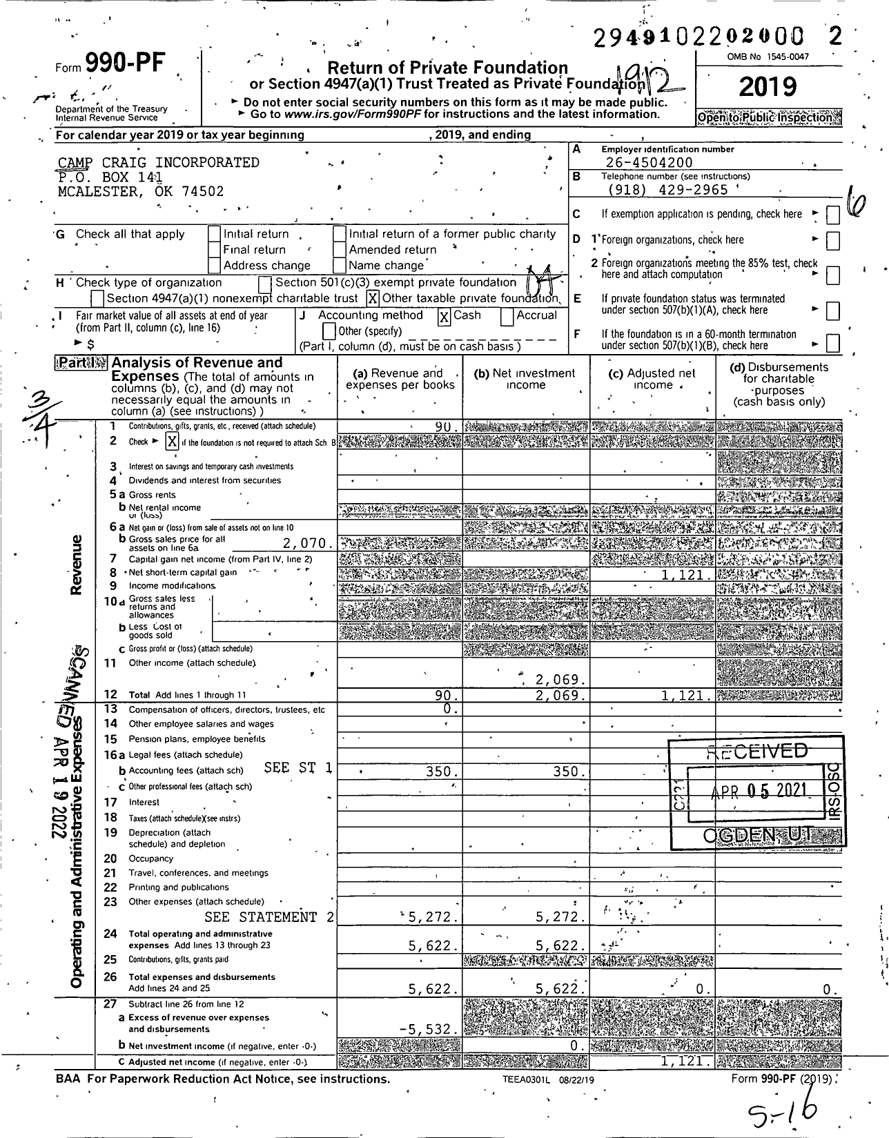 Image of first page of 2019 Form 990PF for Camp Craig Incorporated