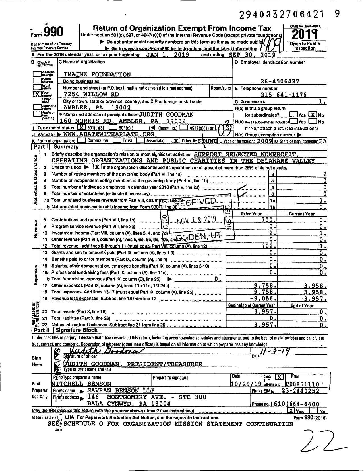 Image of first page of 2018 Form 990 for Imajnz Foundation