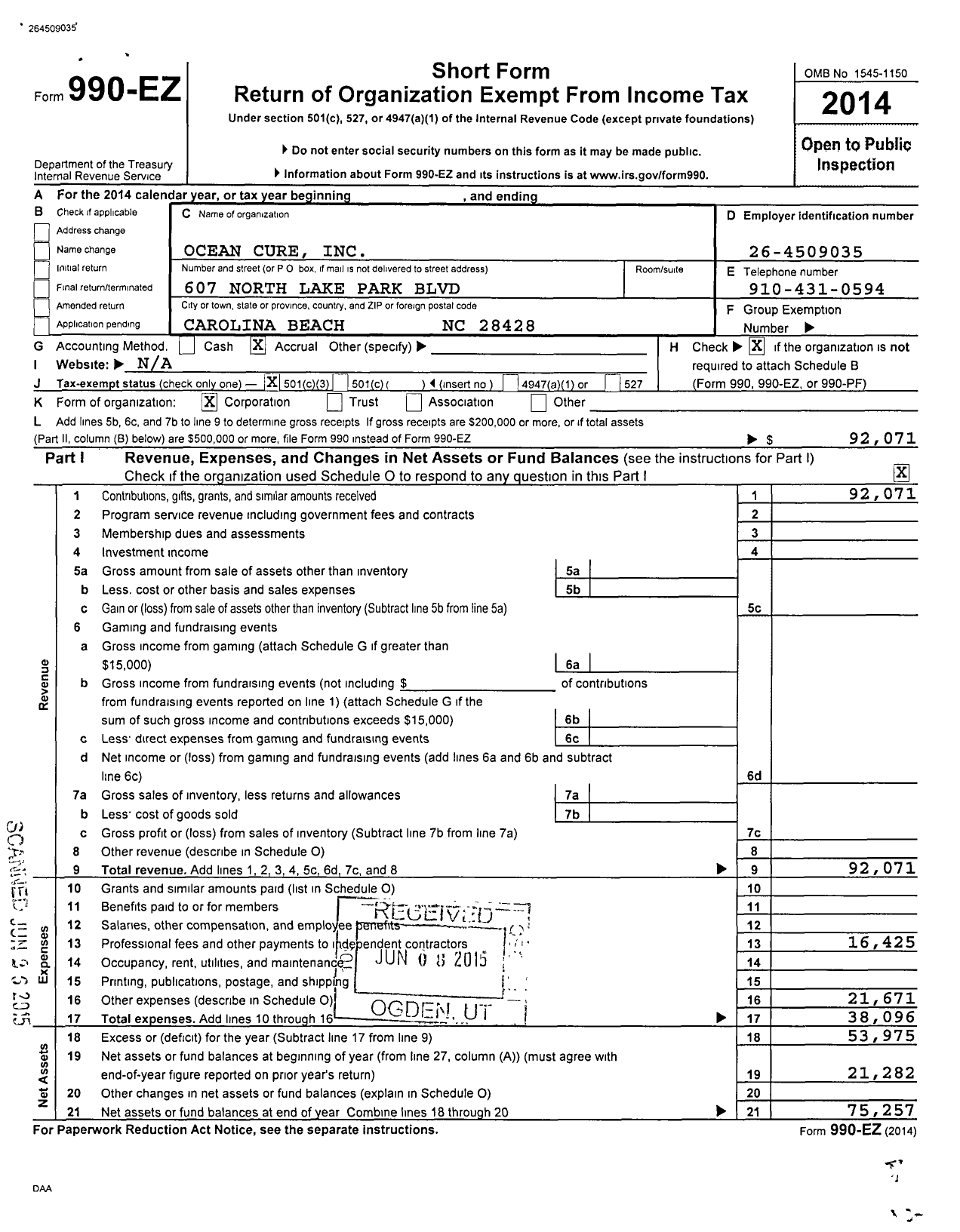 Image of first page of 2014 Form 990EZ for Ocean Cure