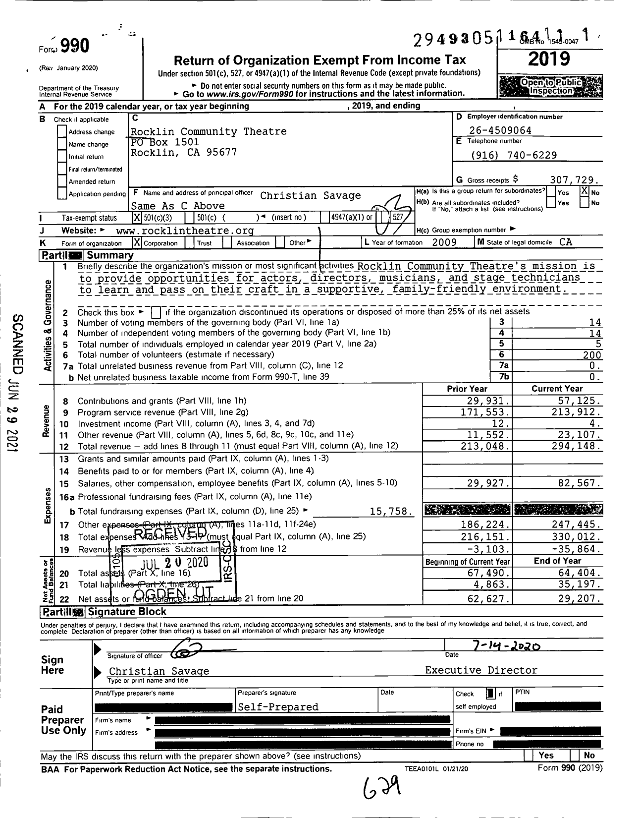 Image of first page of 2019 Form 990 for Rocklin Community Theatre