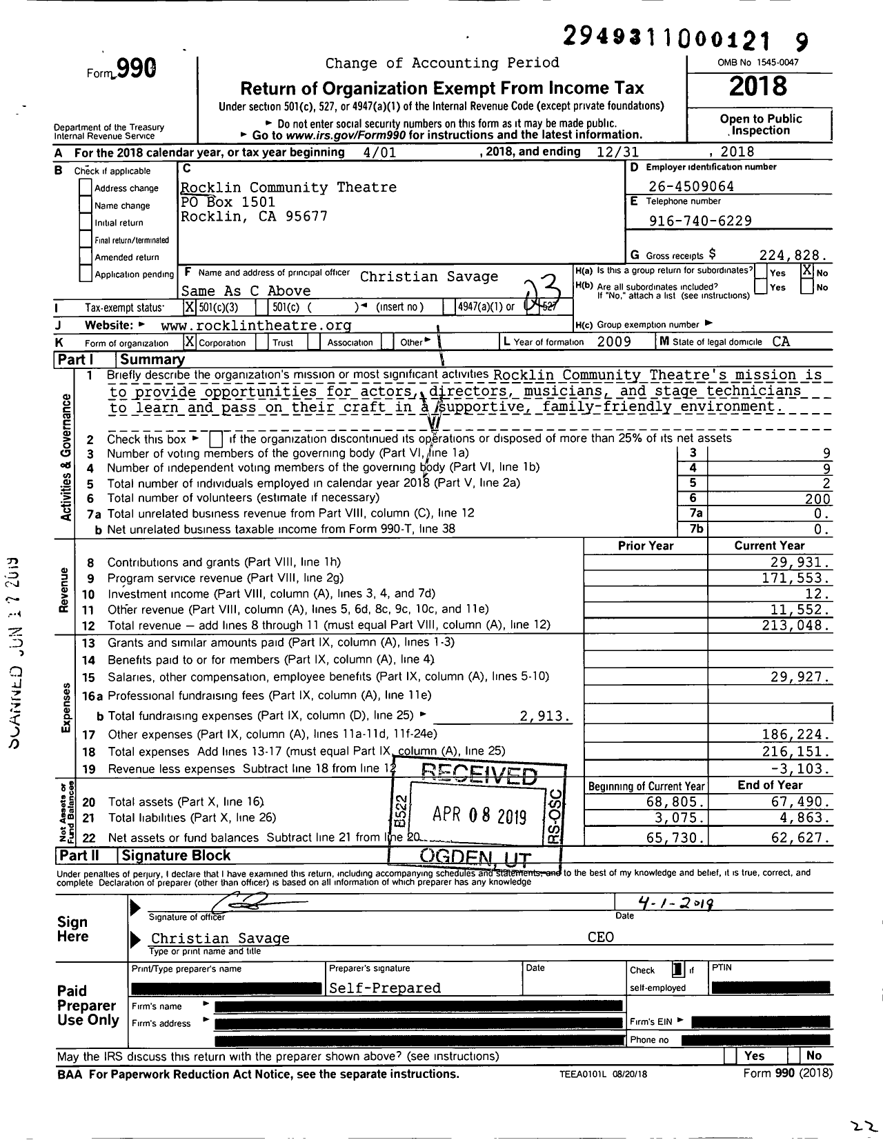 Image of first page of 2018 Form 990 for Rocklin Community Theatre