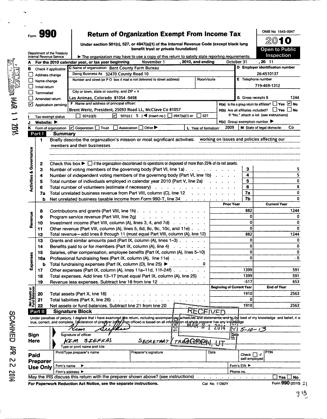 Image of first page of 2010 Form 990O for Bent County Farm Bureau