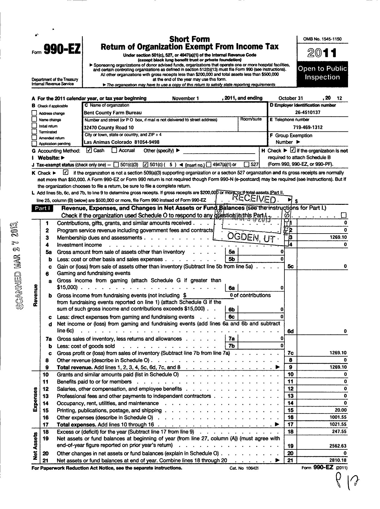 Image of first page of 2011 Form 990EO for Bent County Farm Bureau