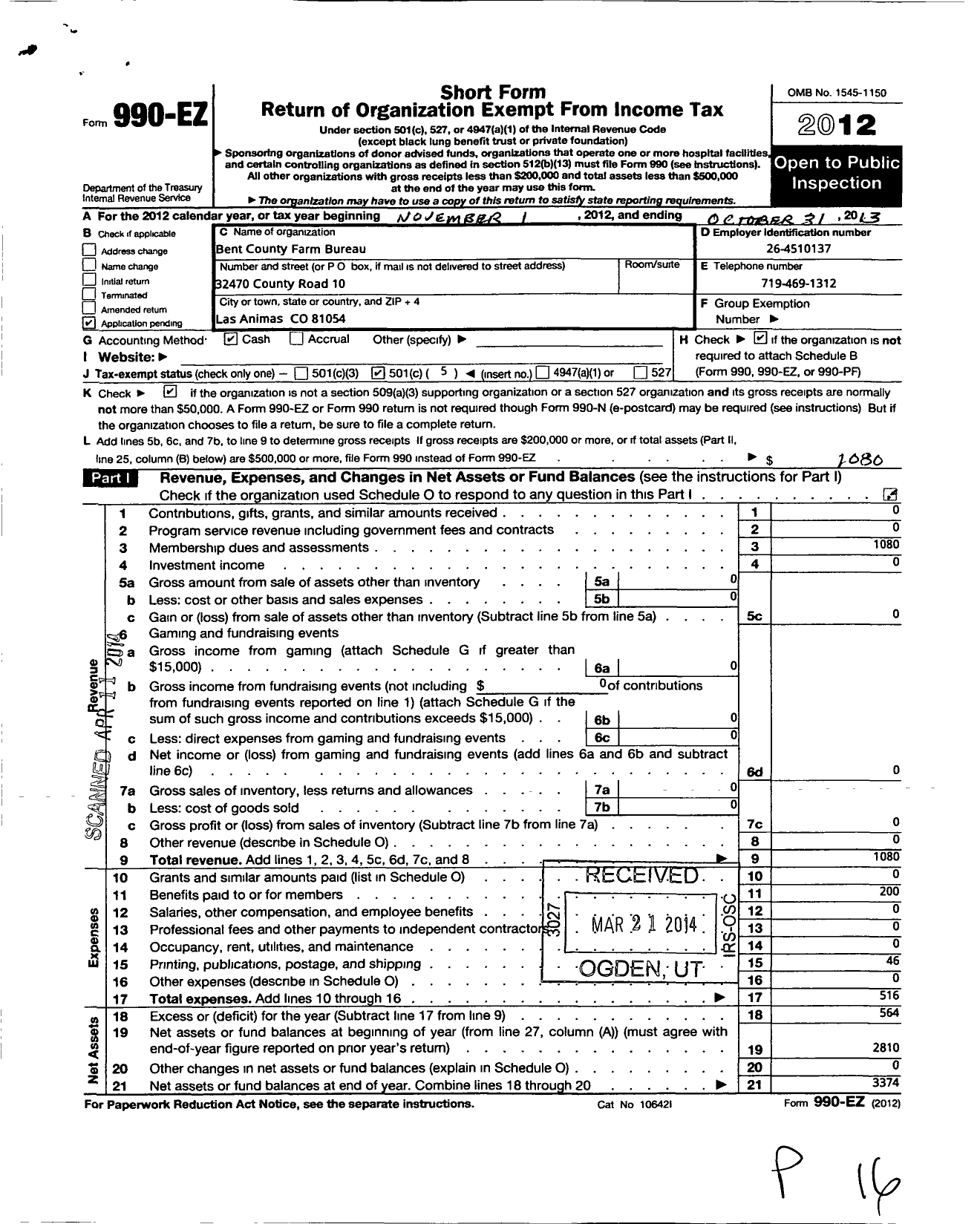 Image of first page of 2012 Form 990EO for Bent County Farm Bureau