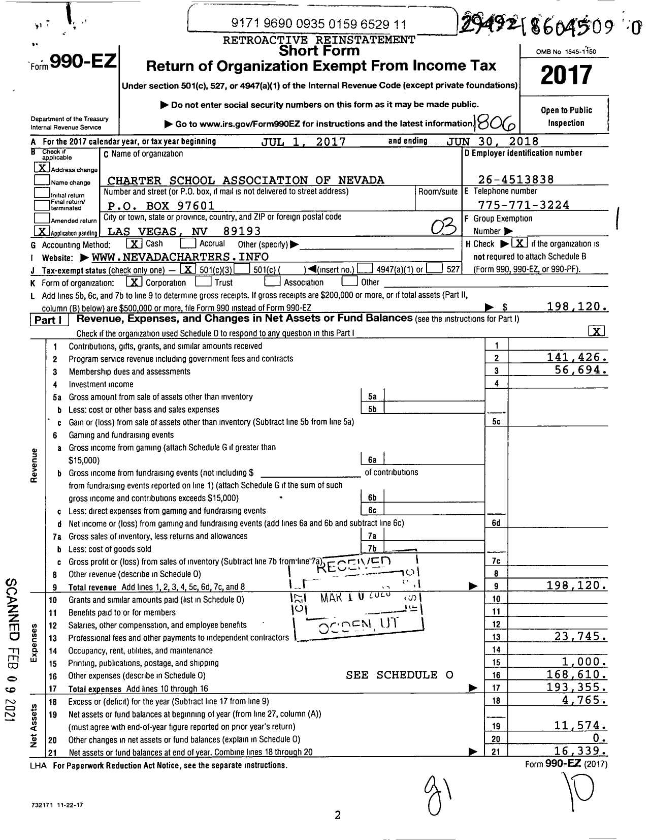 Image of first page of 2017 Form 990EZ for Charter School Association of Nevada