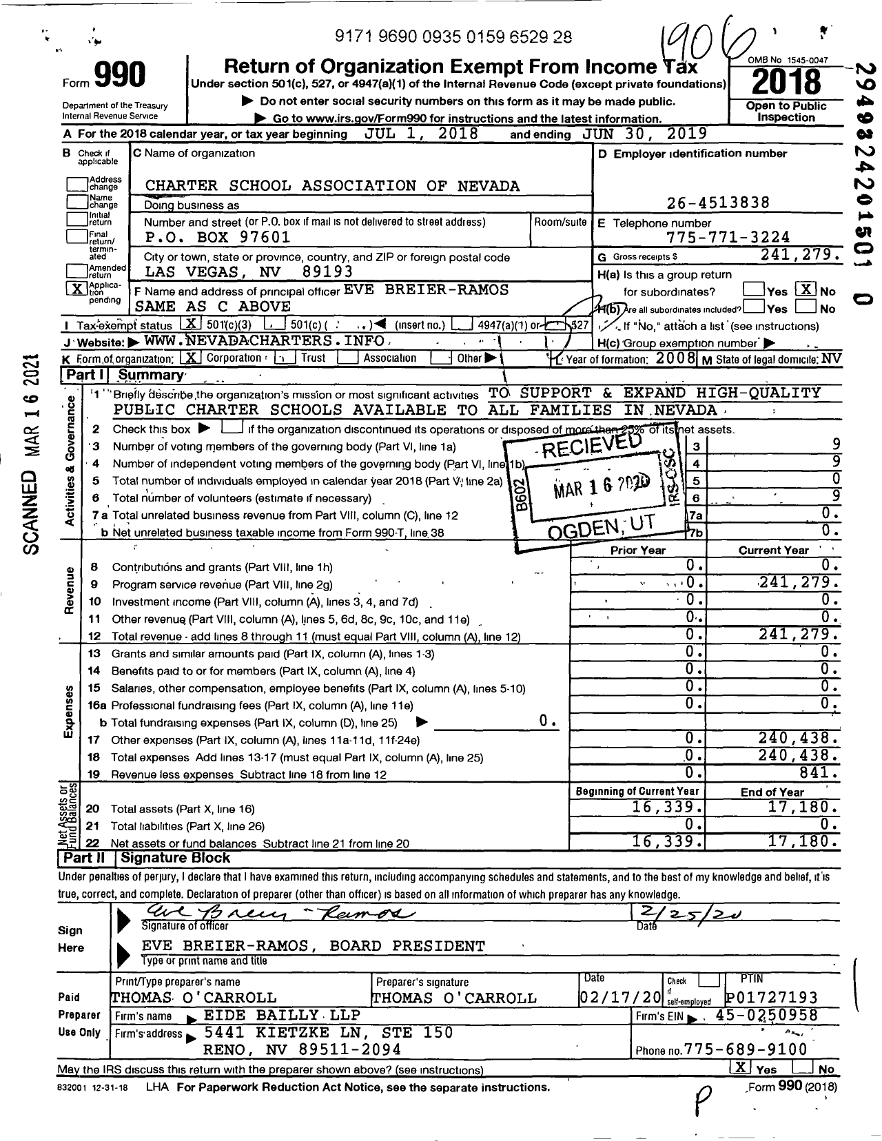 Image of first page of 2018 Form 990 for Charter School Association of Nevada