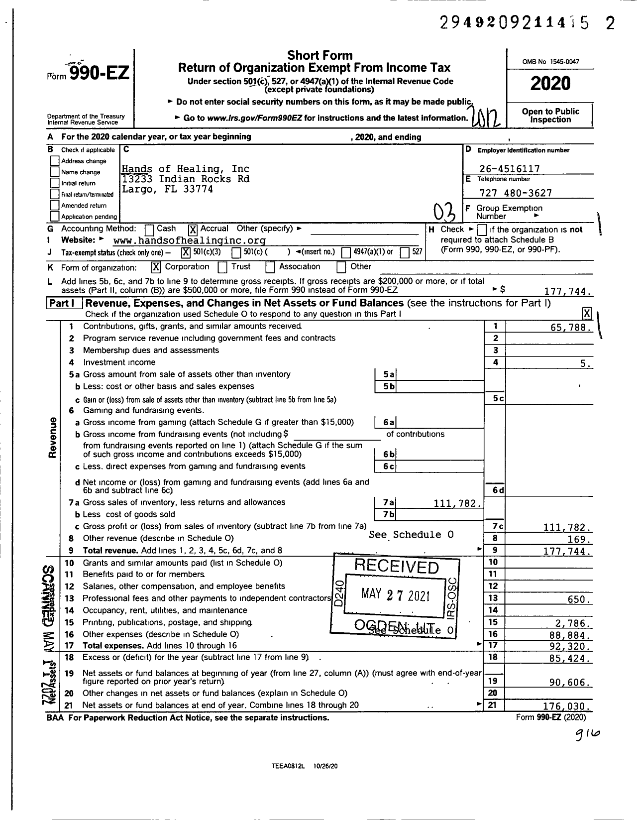 Image of first page of 2020 Form 990EZ for Hands of Healing