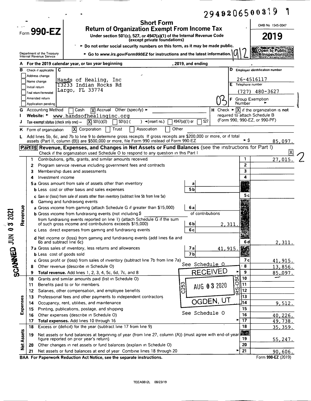 Image of first page of 2019 Form 990EZ for Hands of Healing