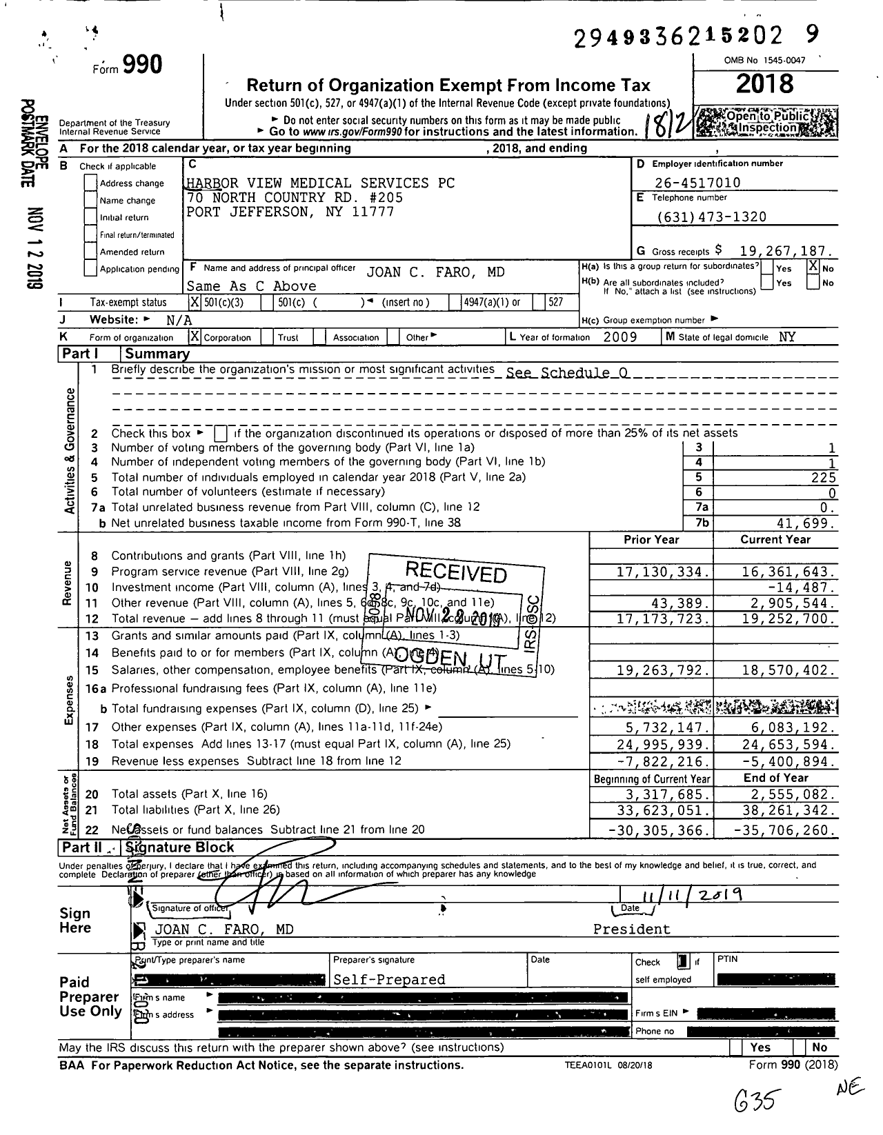 Image of first page of 2018 Form 990 for Harbor View Medical Services PC