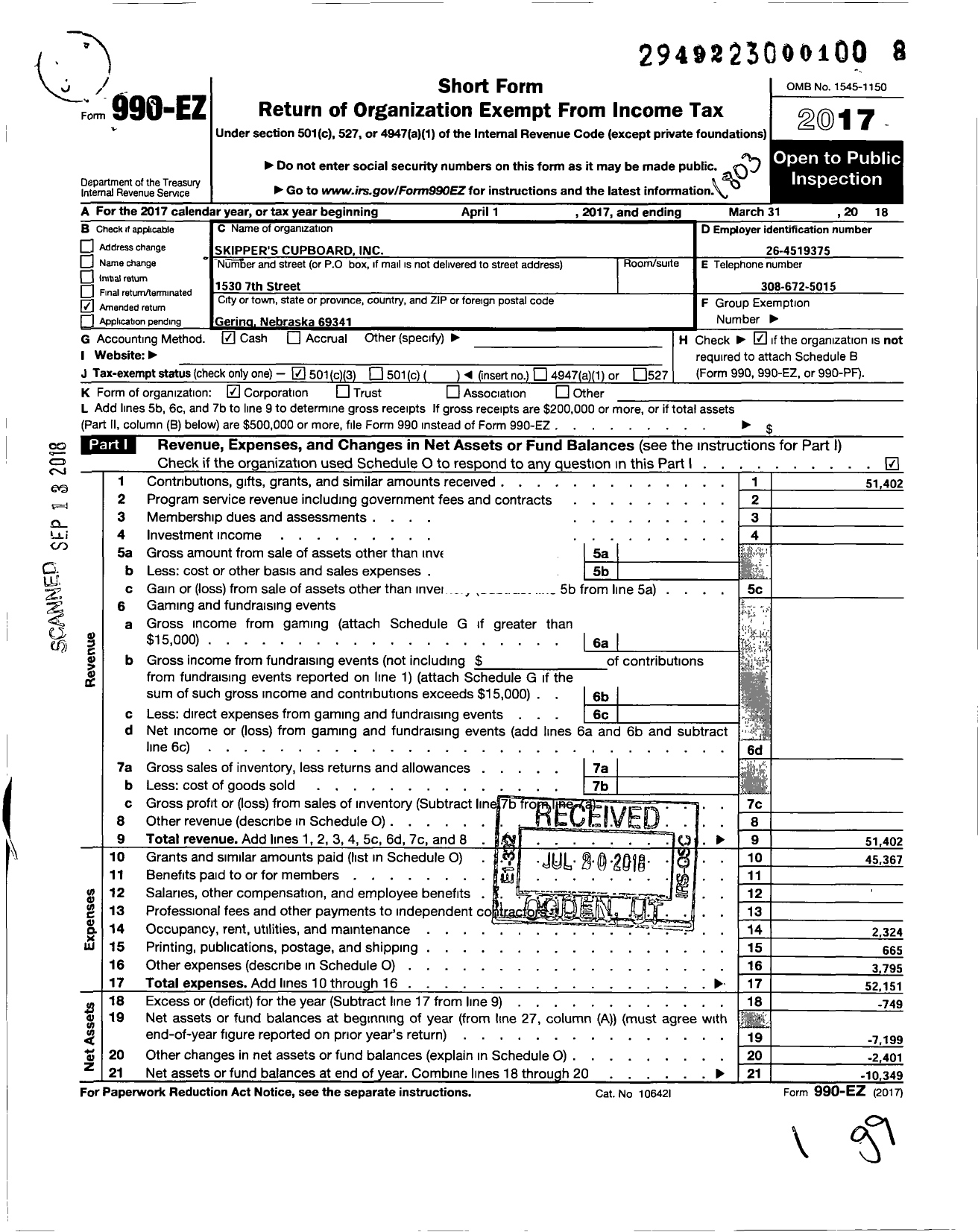 Image of first page of 2017 Form 990EZ for Skippers Cupboard