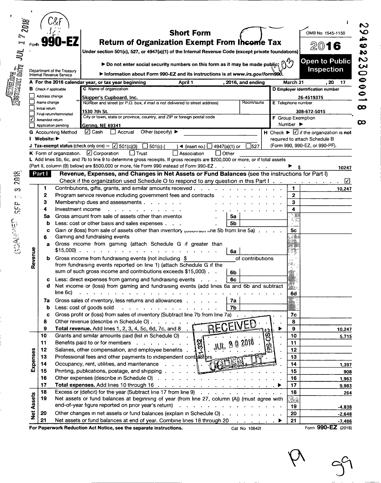 Image of first page of 2016 Form 990EZ for Skippers Cupboard