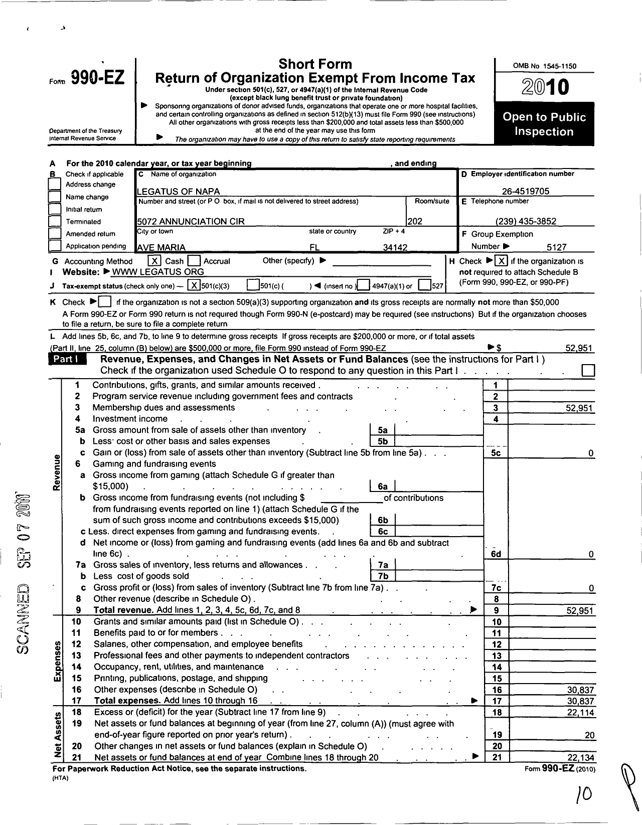 Image of first page of 2010 Form 990EZ for Legatus