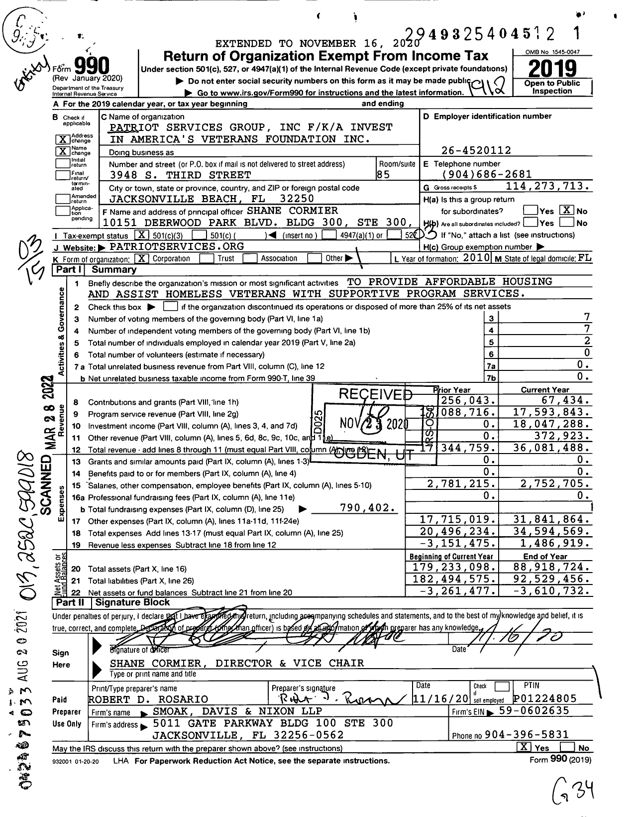 Image of first page of 2019 Form 990 for Patriot Services Group