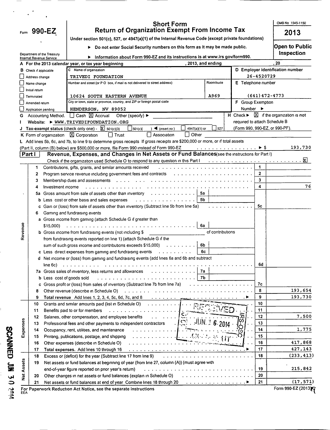 Image of first page of 2013 Form 990EZ for Trivedi Foundation