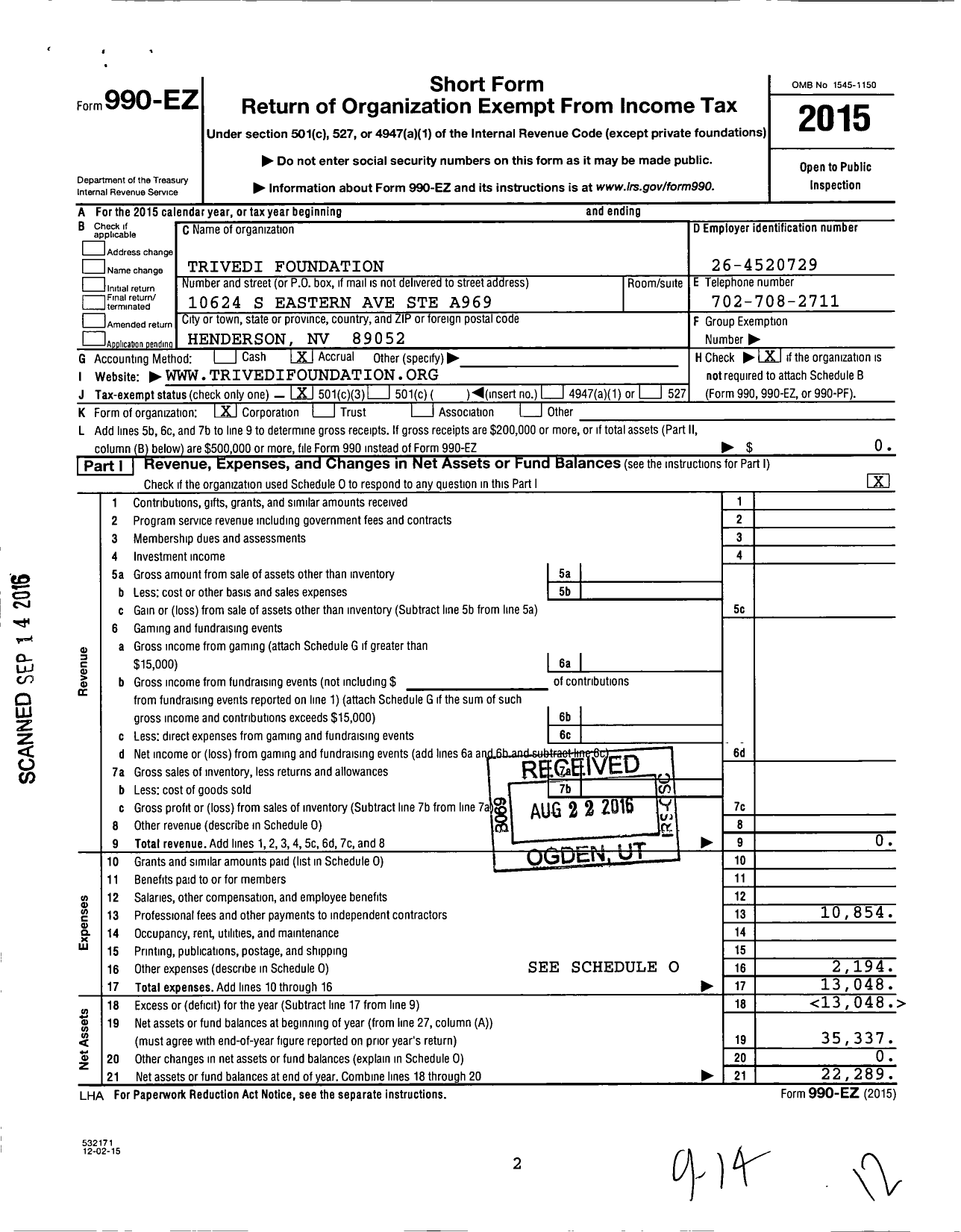 Image of first page of 2015 Form 990EZ for Trivedi Foundation