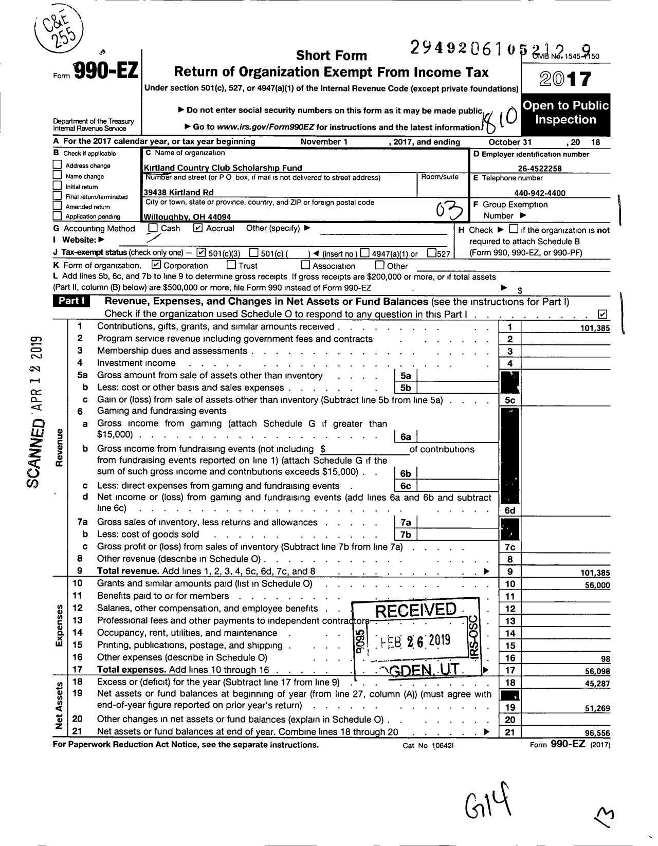 Image of first page of 2017 Form 990EZ for Kirtland Country Club Scholarship Fund