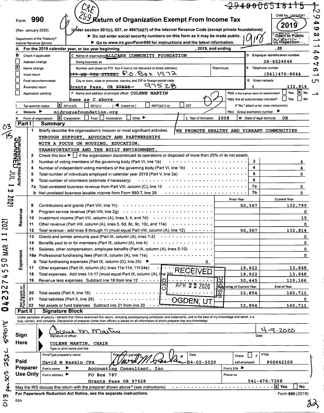 Image of first page of 2019 Form 990 for Allcare Community Foundation