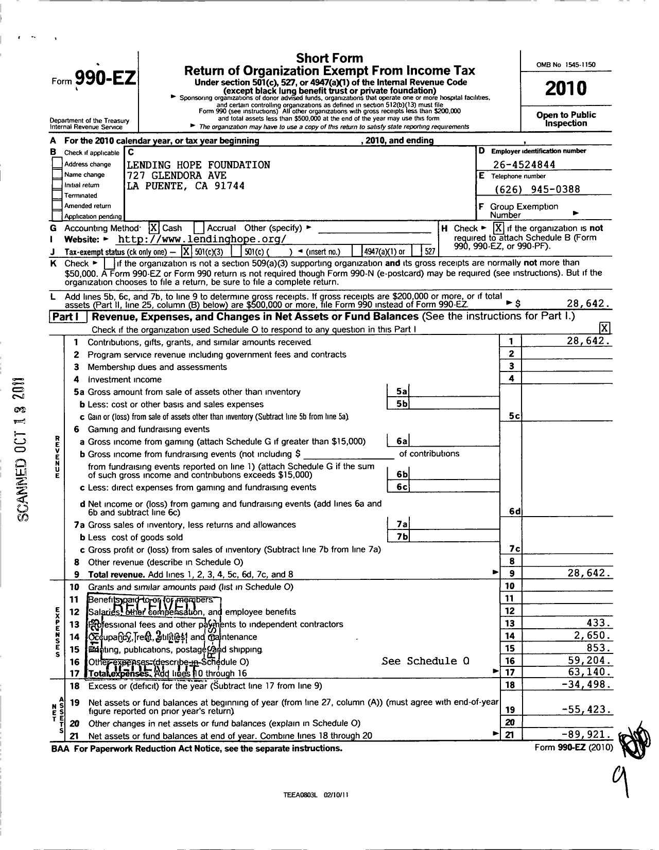 Image of first page of 2010 Form 990EZ for Lending Hope Foundation