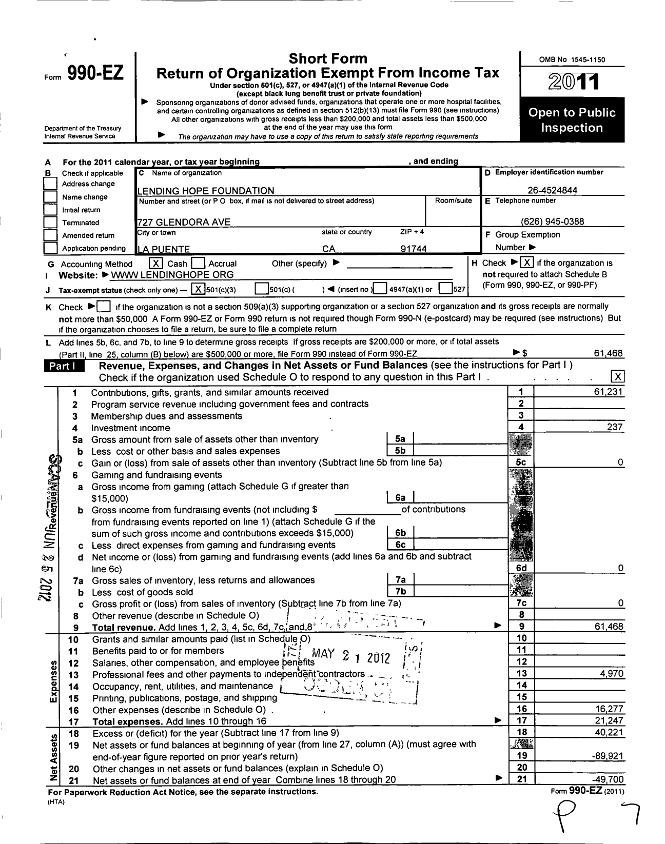 Image of first page of 2011 Form 990EZ for Lending Hope Foundation