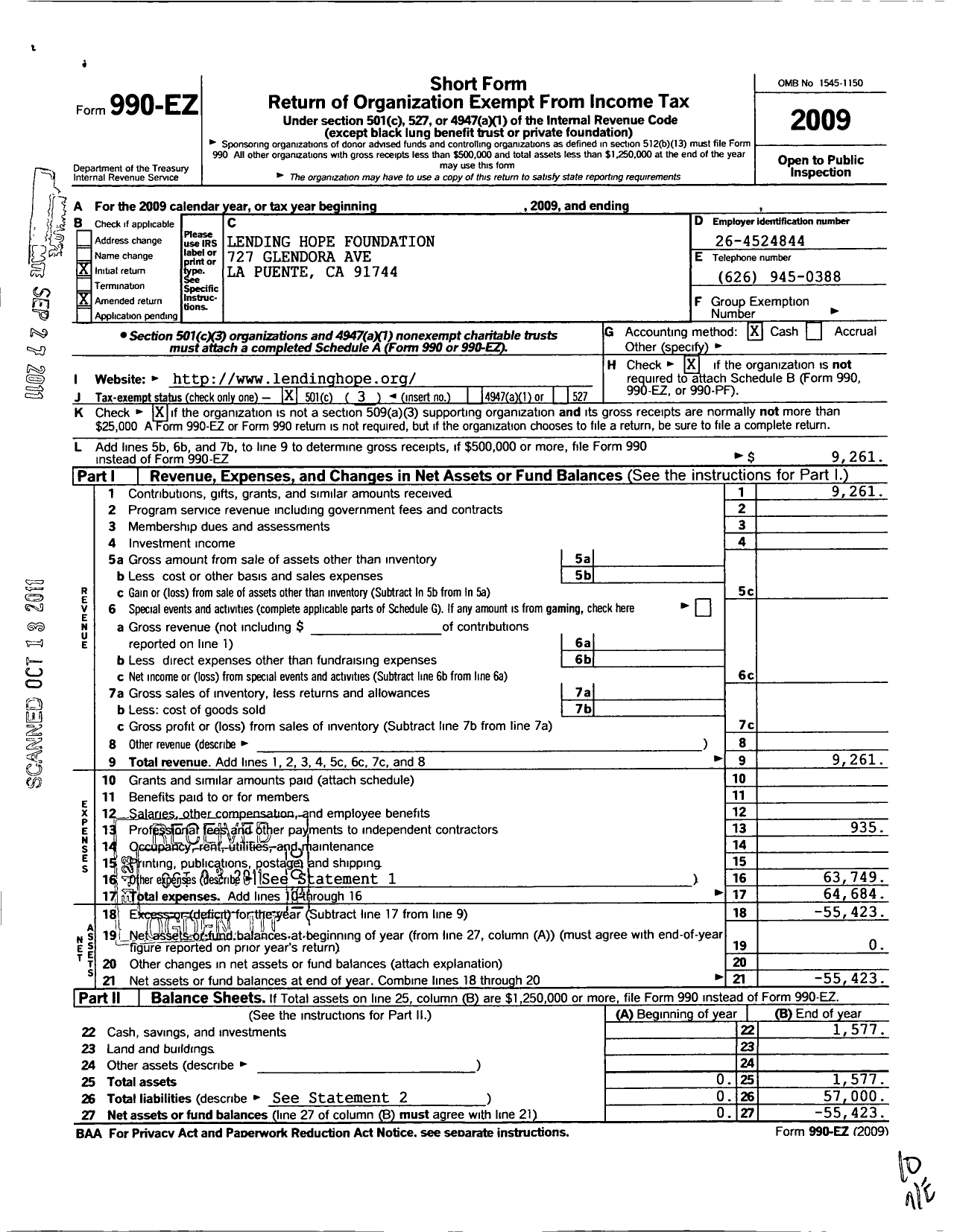 Image of first page of 2009 Form 990EZ for Lending Hope Foundation