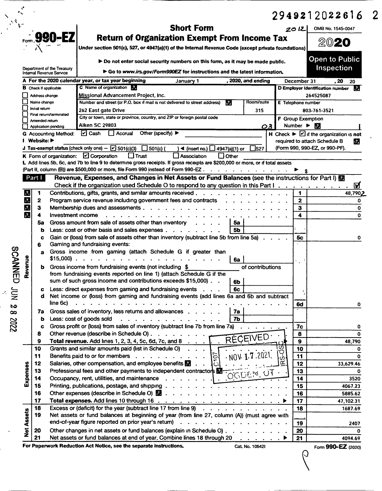 Image of first page of 2020 Form 990EZ for Missional Advancement Project