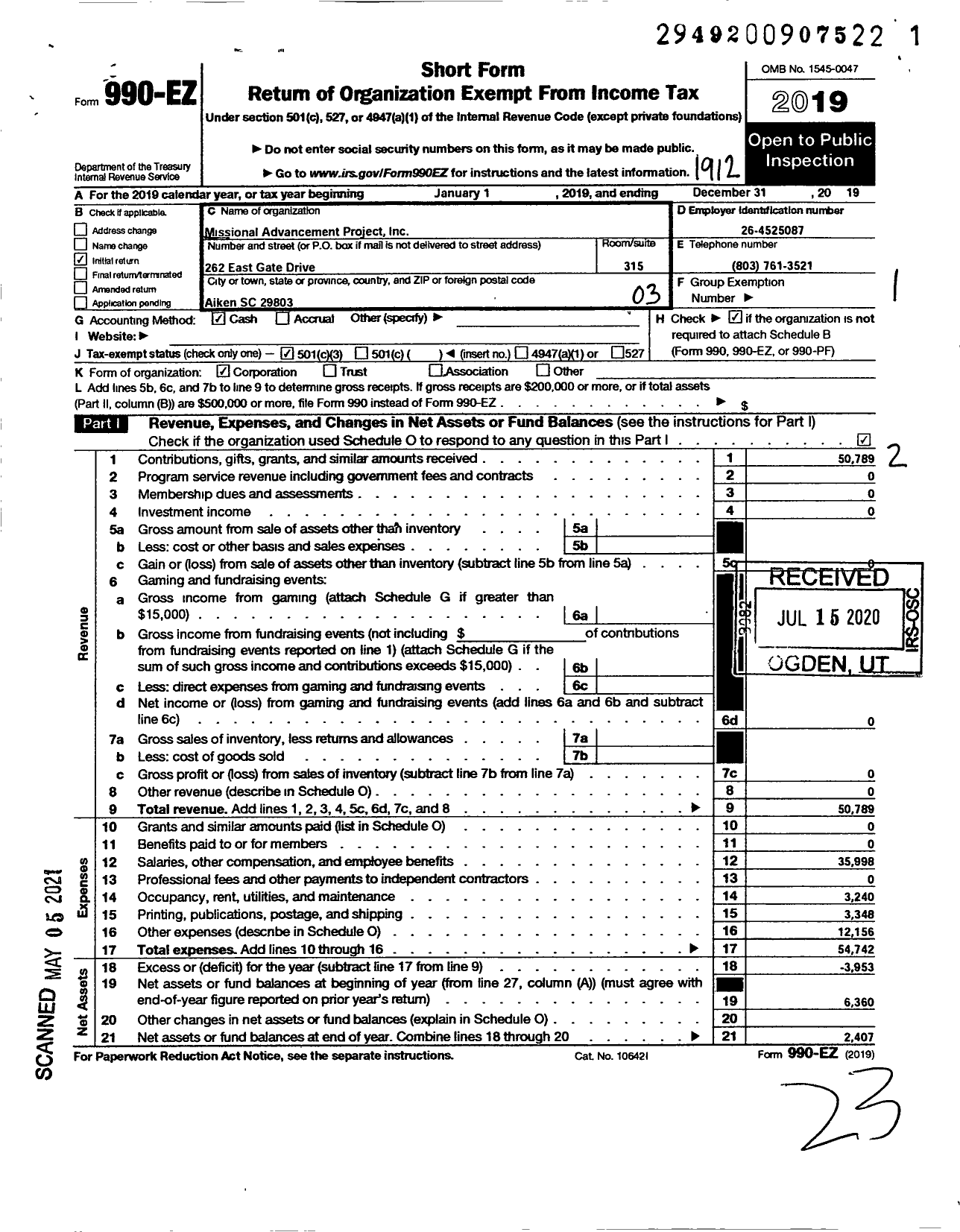 Image of first page of 2019 Form 990EZ for Missional Advancement Project