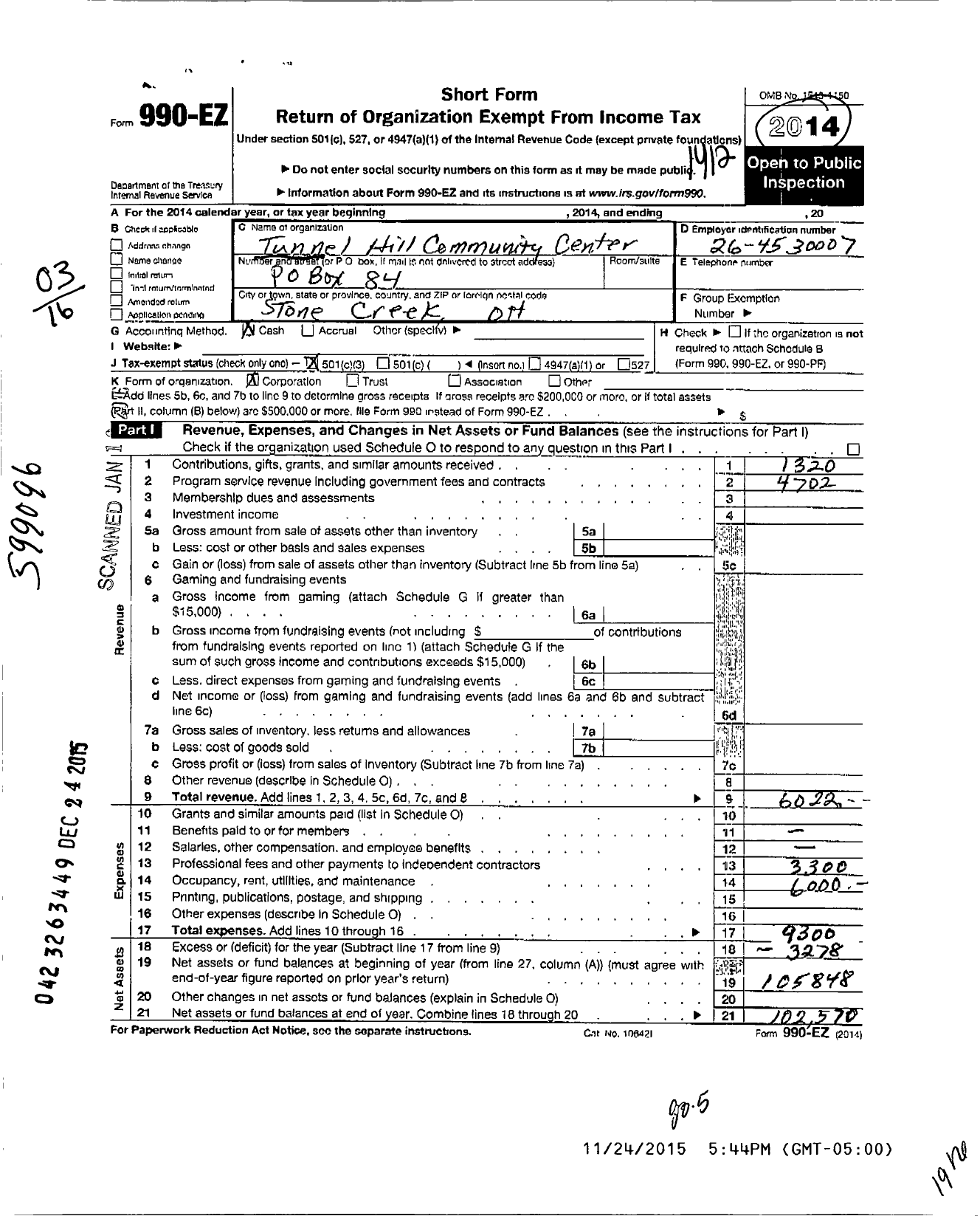 Image of first page of 2014 Form 990EZ for Tunnel Hill Community Center