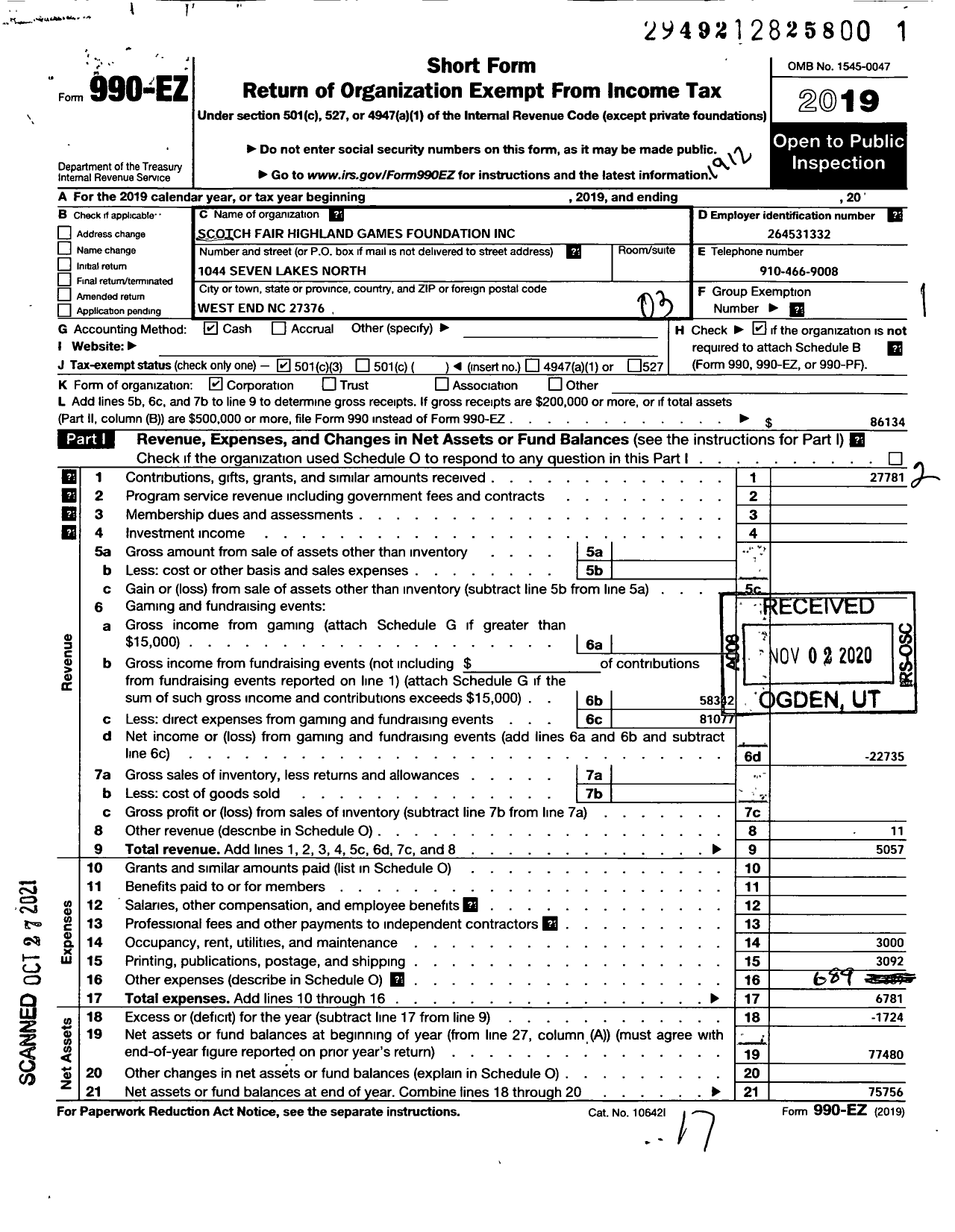 Image of first page of 2019 Form 990EZ for Scotch Fair Highland Games Foundation