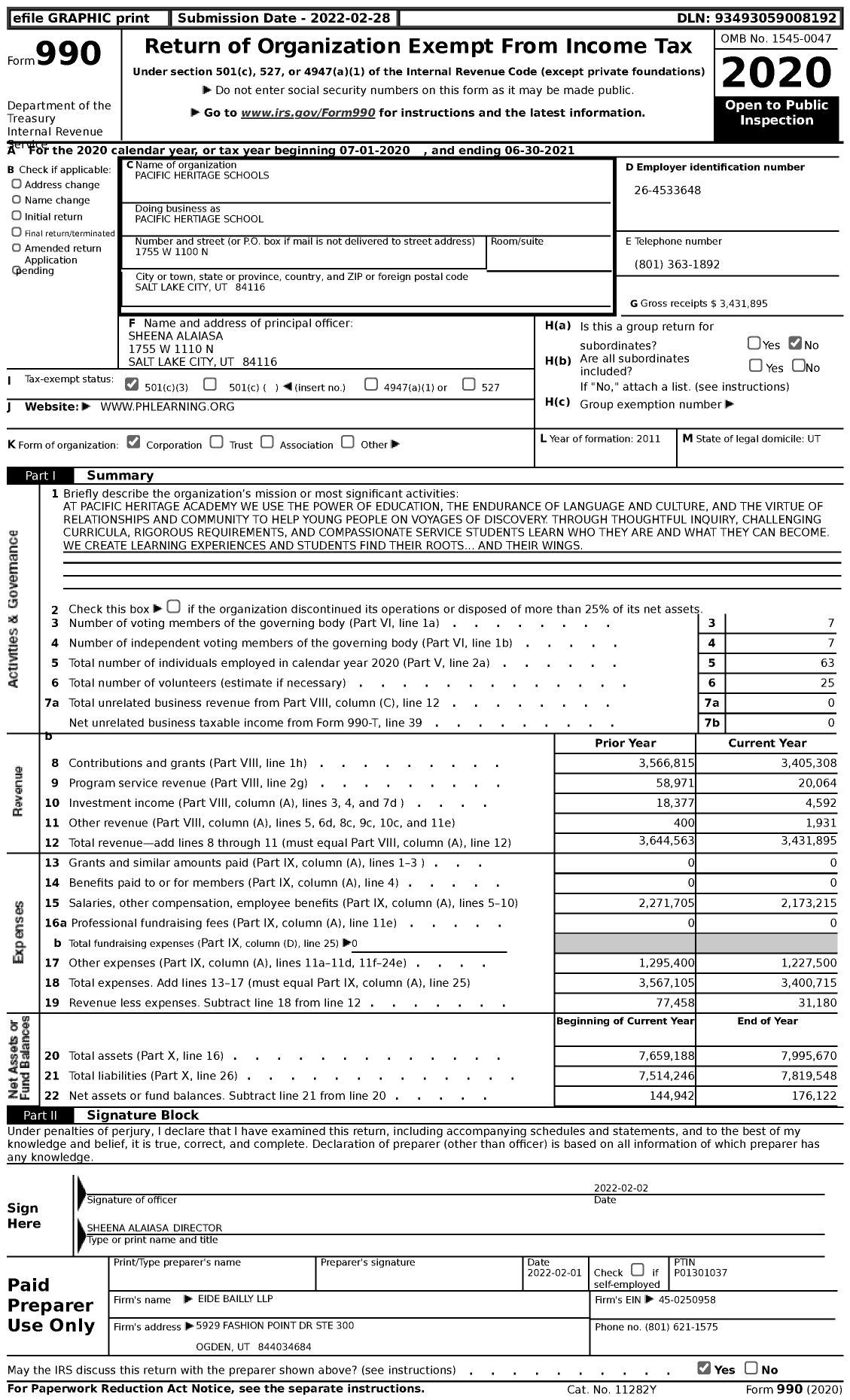 Image of first page of 2020 Form 990 for Pacific Hertiage School