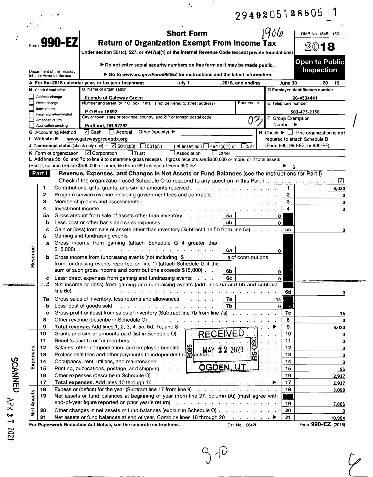Image of first page of 2018 Form 990EZ for Friends of Gateway Green