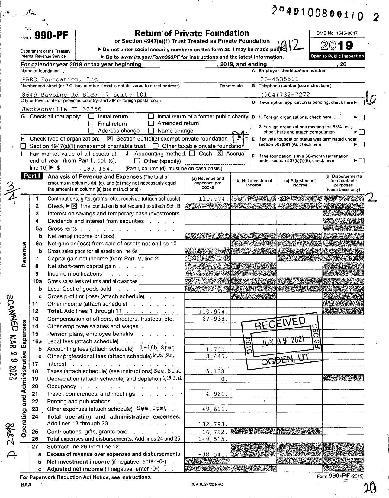 Image of first page of 2019 Form 990PF for PARC Foundation